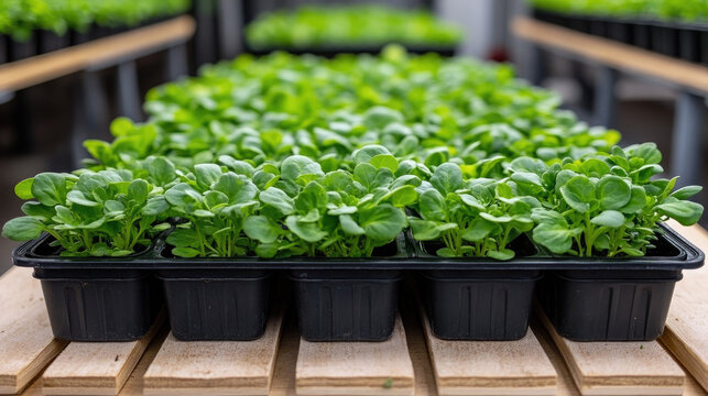 Greenhouse Seedlings Tray: Rows of Young Plants Growing in a Nursery, Ready for Planting