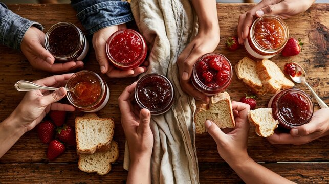 Rustic diverse hands presenting blank artisan jam jars on a farmhouse table. Concept of artisan jam packaging mockup.