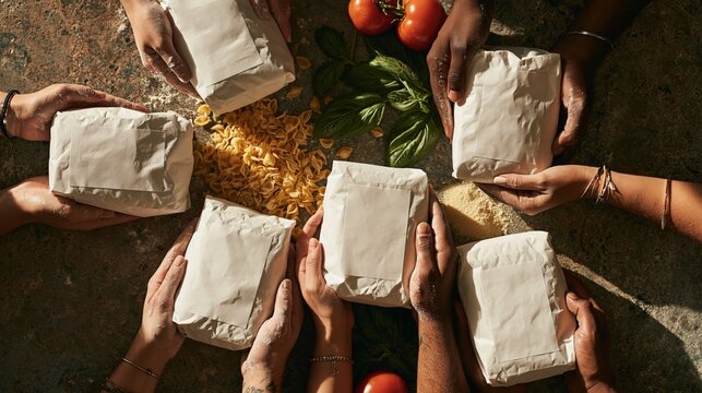 Flour-dusted diverse hands presenting a blank artisan pasta package on a stone kitchen surface. Concept of artisan pasta packaging mockup.