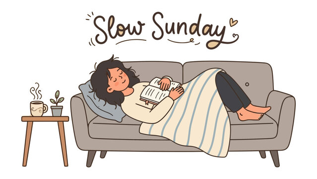 Slow Sunday Serenity: A woman finds ultimate relaxation on a comfortable sofa, reading a book and enjoying a warm beverage, embodying the essence of a peaceful Sunday.