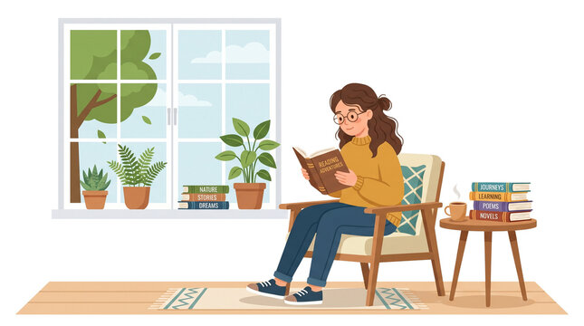 Cozy woman reading book in armchair, young female student studying at home, peaceful domestic hobby and education concept isolated PNG with Transparent Background