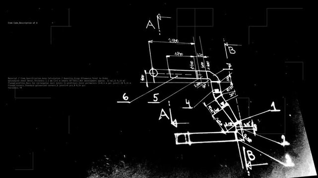 A high-contrast monochrome engineering blueprint detailing industrial ductwork specs overlaid with real-time technical text calculations. Perfect for manufacturing and CAD presentations.