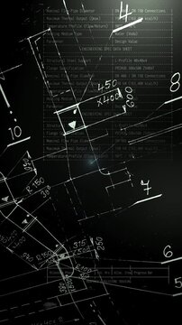 Futuristic vertical HUD featuring interactive CAD blueprints, mechanical spec sheets, and engineering data. Perfect for industrial design, construction tech, and project management mobile videos.