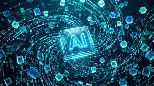 Glowing artificial intelligence chip icon centered within swirling digital binary code and floating glass data cubes