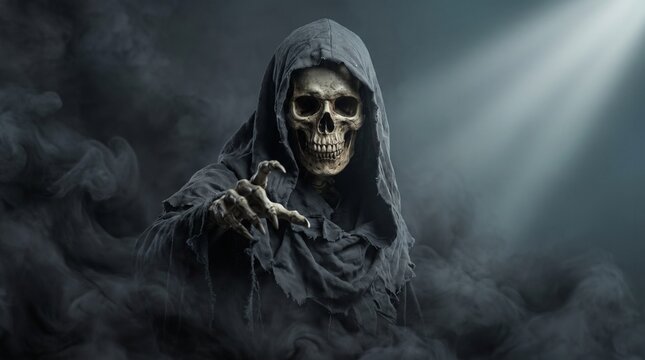 Grim reaper skeleton in black hooded cloak reaching out from dark smoke