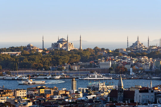 Turkey, Istanbul, View from Beyoglu over Golden Horn with Hagia Sophia and Sultan Ahmed Mosque