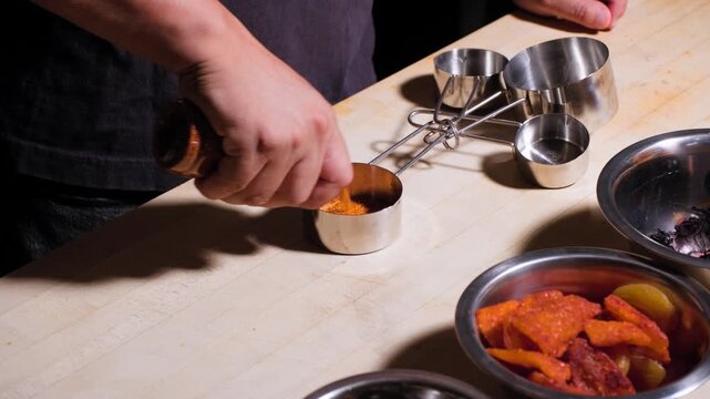 Close up cooking footage showing man adding tajin for chamoy recipe during a homemade chamoy sauce recipe prepared from scratch