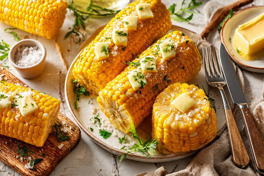 Golden corn on the cob served with butter, sea salt and fresh parsley in a rustic setting