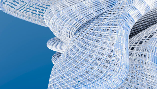 Abstract wireframe mesh forms a complex structure on blue background
