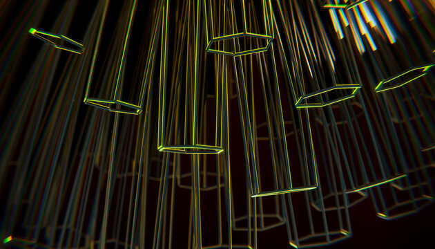 Dynamic 3d rendering of a floating futuristic hexagon network