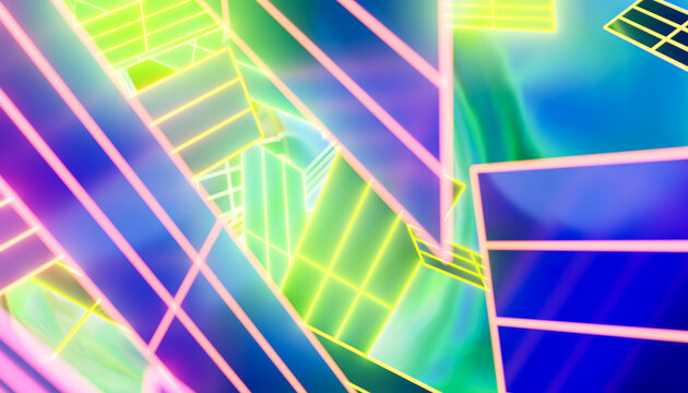 Abstract 3d composition features intersecting neon grids and frames