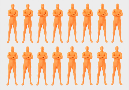 Men in orange zentai standing on white background, close up