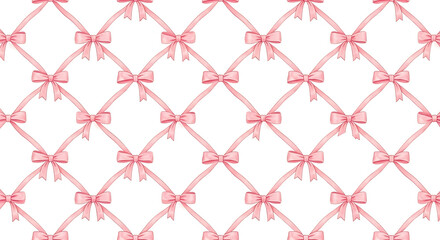 Fototapeta premium Elegant pink bow seamless pattern with coquette aesthetic ribbon lattice on a white feminine background perfect for gift wrap and textile design