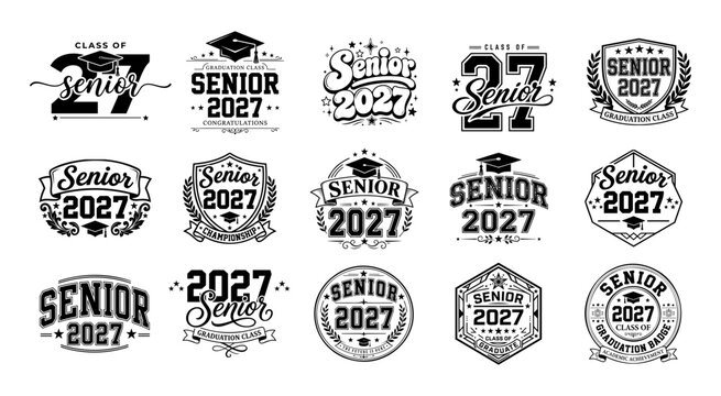 Set of fifteen black and white vintage style emblems and badges for the graduation class of 2027