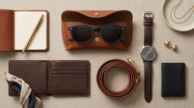 mens accessories flat lay leather wallet brown leather belt analog wrist watch brown leather watch strap sunglasses case leather sunglasses case black framed sunglasses