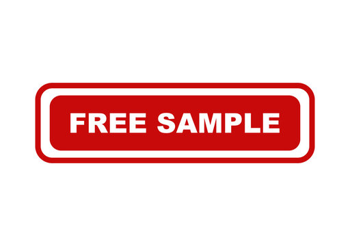 Red rectangular free sample button label with bold white text for marketing and shopping promotions on web stores isolated on transparent background