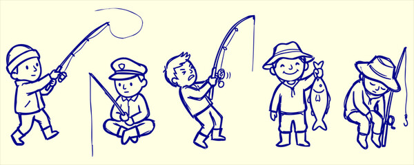 Children enjoying fishing with rods and a caught fish during leisure time
