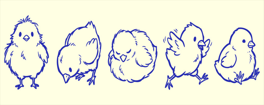 Five whimsical chicks in blue ink sketches with varied adorable poses on a light yellow paper background