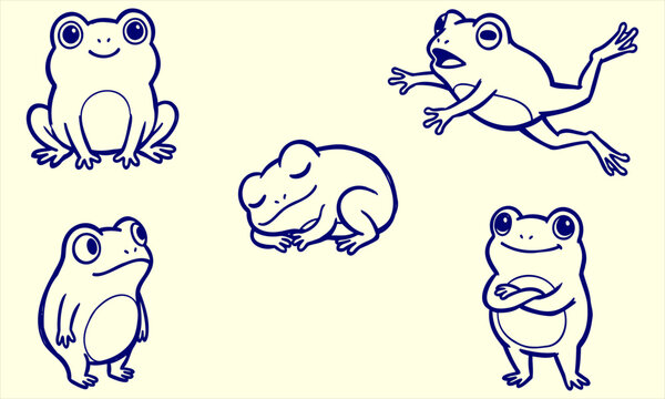 Various cartoon frogs in different poses on a light background with a simple outline style and blue ink