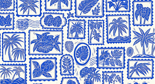 Seamless pattern of blue tropical stamps featuring palm tree and monstera leaves with a handcarved linocut texture for summer backgrounds