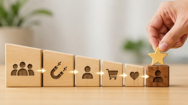 Customer journey concept showing marketing funnel, engagement, loyalty and satisfied customer experience process