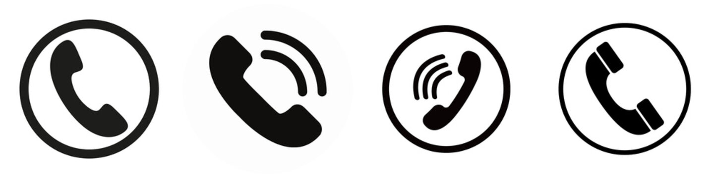 Set of four modern phone call icons depicting various ringing and static telephone receiver symbols.