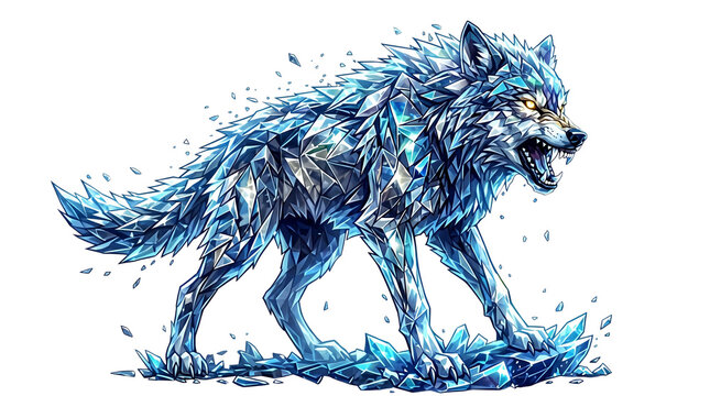 Crystalline ice wolf sculpture on white background, majestic frozen blue glass wolf, geometric diamond crystal predator for gaming and winter design