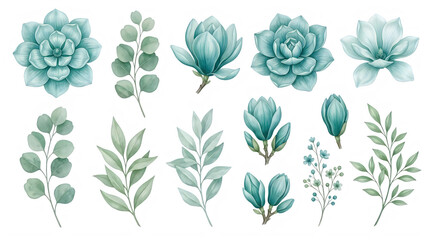 Fototapeta premium Hand-drawn turquoise cactus and succulent botanical illustrations. Watercolor desert plants collection for design and decor projects.