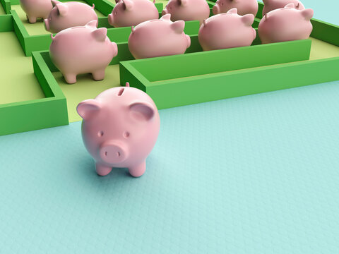 Piggy bank standing apart from group in green maze symbolizing finance