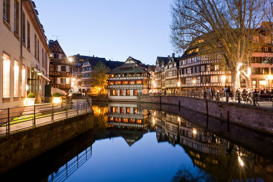 France, Alsace, Strasbourg, Petite-France, L'ill River, View of Place Benjamin Zix at night