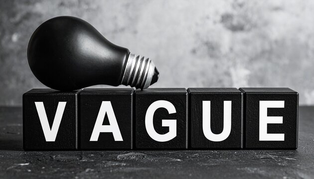 Vague concept with black light bulb and wooden blocks spelling &ldquo;VAGUE&rdquo; on gray background.