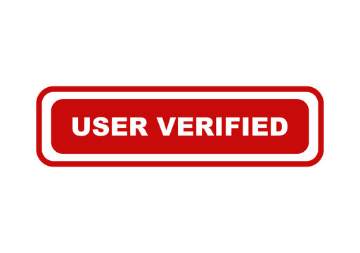 Red user verified button label with rounded corners and white text isolated on a transparent background 