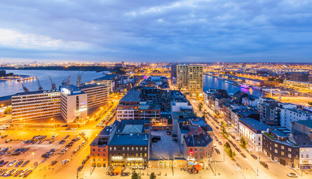 Belgium, Flanders, Antwerp, View to Eilandje, former dock area in the evening