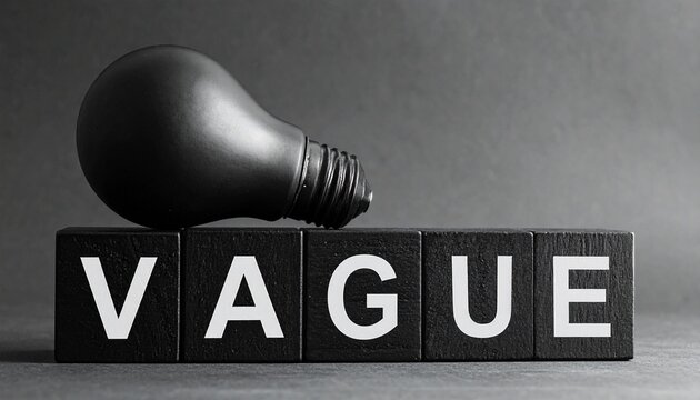 Vague concept with black light bulb and wooden blocks spelling &ldquo;VAGUE&rdquo; on gray background.