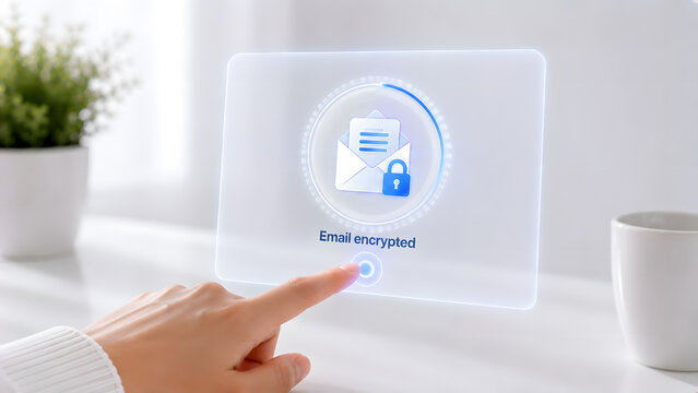 Email encryption and cybersecurity concept, tapping a digital screen with a secure interface to protect private messages, sensitive data, online communication, and information.
