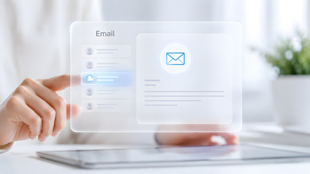 Email inbox interface with selected message on a floating glass panel