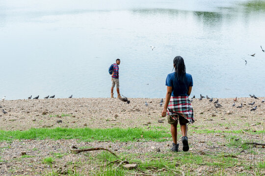 Two people walking by a lake, surrounded by birds on a pebble shore.