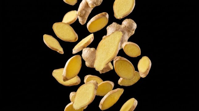 Fresh ginger root slices floating in midair against deep dark background creating professional culinary composition