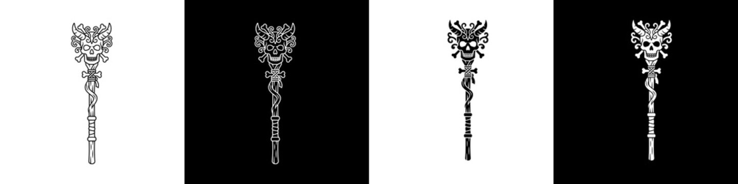 Set of Halloween Staff Icons with Devil Horned Skulls