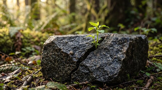 sprout growth nature stone rock crack plant resilience survival hope strength persistence life forest green ecosystem environment new beginning rebirth determination obstacle