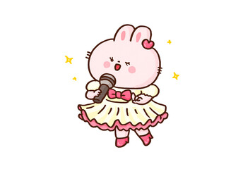 Fototapeta premium Rabbit idol in a frilly dress singing with a microphone, entertainment stage or cute singer concept