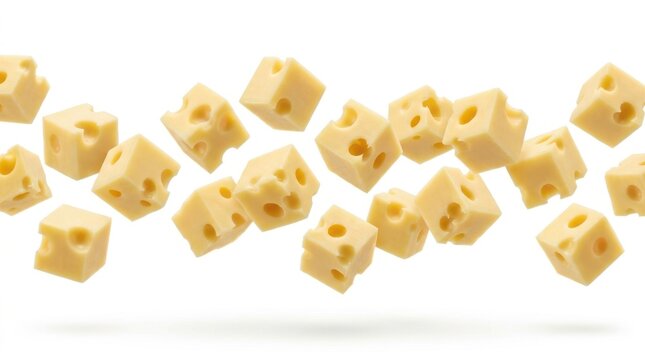 Yellow swiss cheese cubes floating isolated on white background with holes in a dynamic pattern
