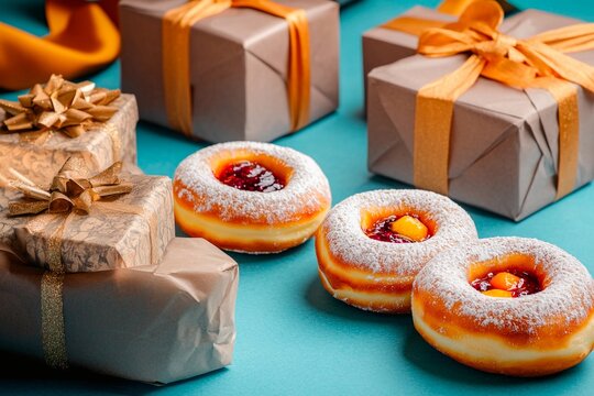 Delicious Hanukkah sufganiyot with powdered sugar and festive gifts arranged for celebration