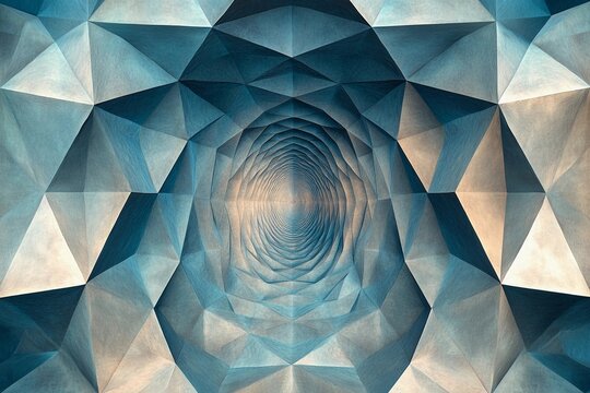 Layered symmetrical polygons create an intricate design featuring warm and cool tones