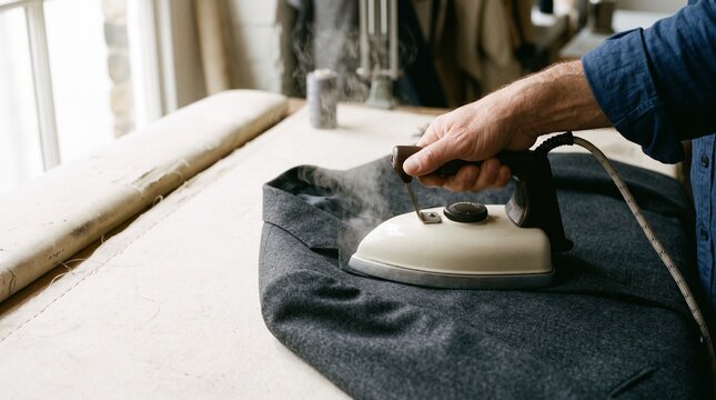 Pressing a sculpted charcoal lapel in a refined workroom