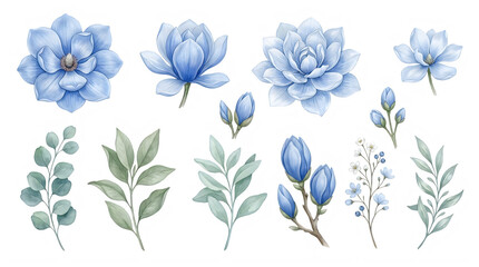 Fototapeta premium Hand-drawn watercolor blue flowers and leaves illustration. Delicate botanical vector art for greeting cards and wedding invitations.