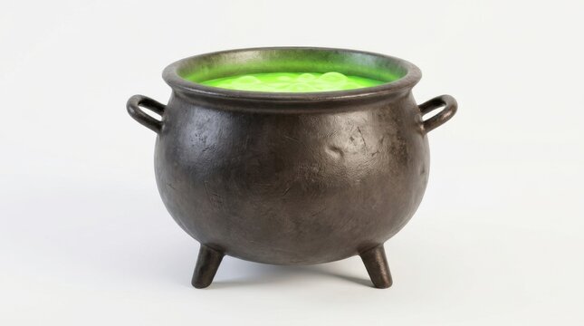 Old iron cauldron filled with bubbling neon green potion isolated on a clean white studio background