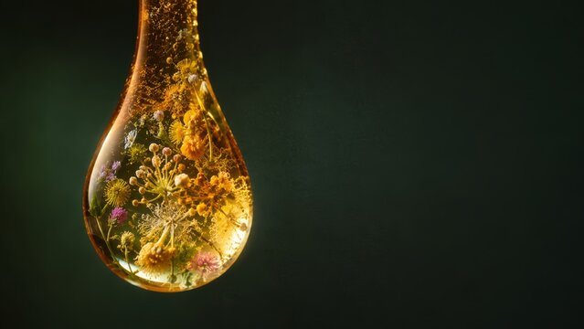 Photorealistic Macro Honey Drop with Botanical Flowers, Pollen and Natural Plant Origins on Deep Green Background