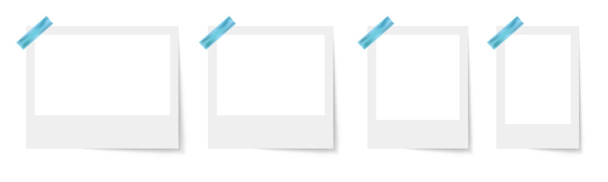 Set of PNG blank instant photo frames secured with blue adhesive tape on a clean white background, featuring multiple orientations, soft shadows, and empty spaces for photo mockups
