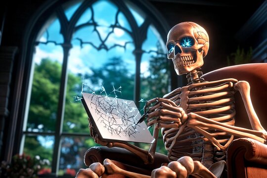 Skeleton seated by arched window with shattered glass, engaged in drawing